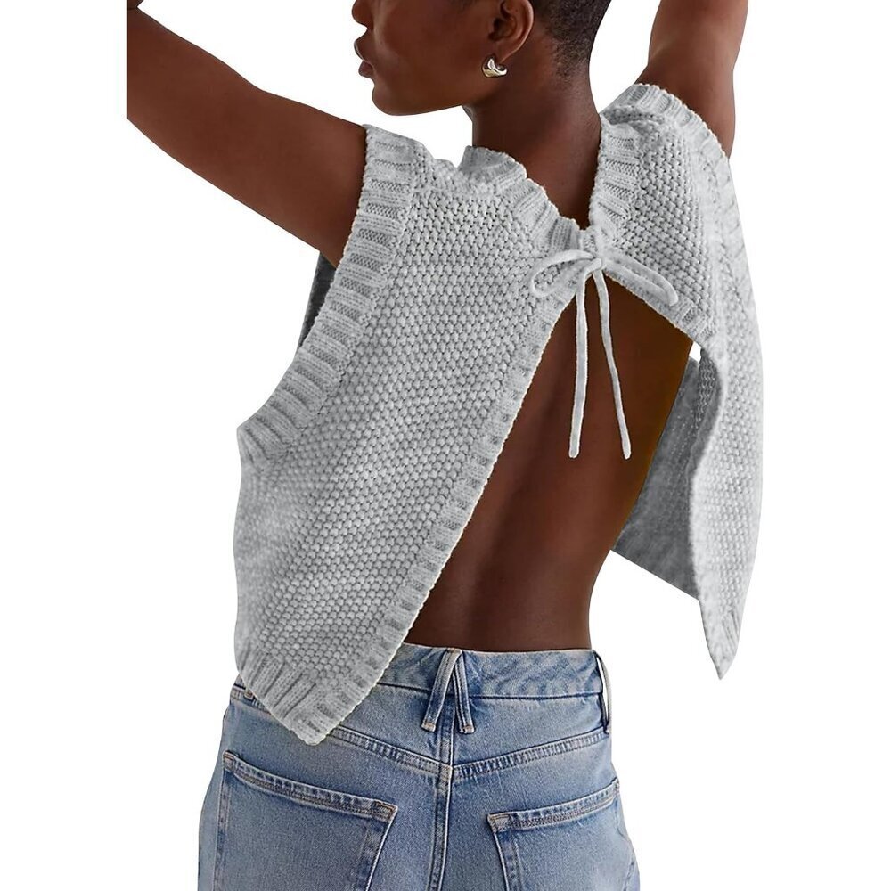Women Knit Crop Sweater Vest Backless Tie Up Sleeveless Summer Top